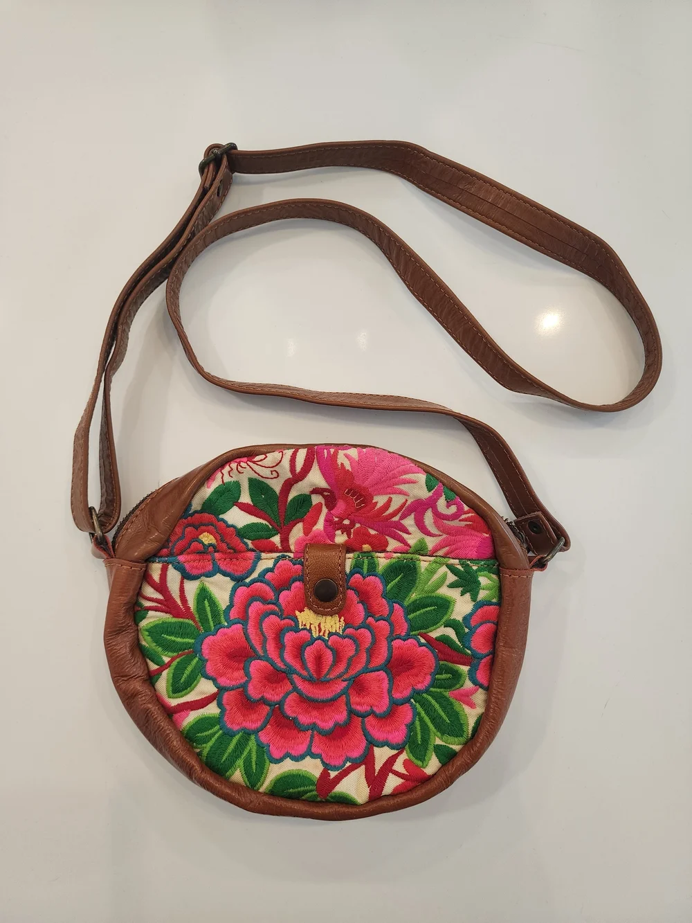 Brown Floral Embroidered Crossbody Bag - Pink & Green Accent